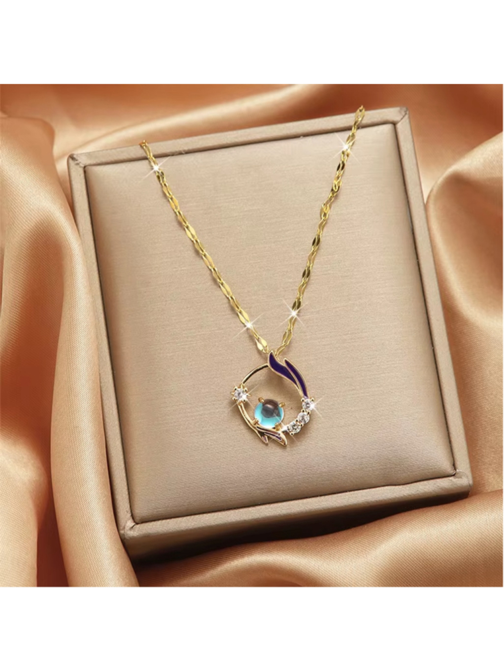 Gold Coloured Pendant Necklace with Blue & Orange Color Shifting Stone NWT